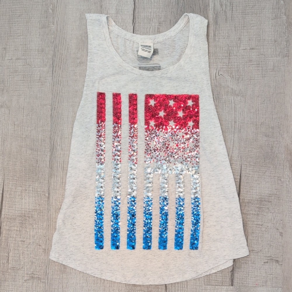 Women's PINK Sequin Flag Tank Top - Light Gray, Red/White/Blue